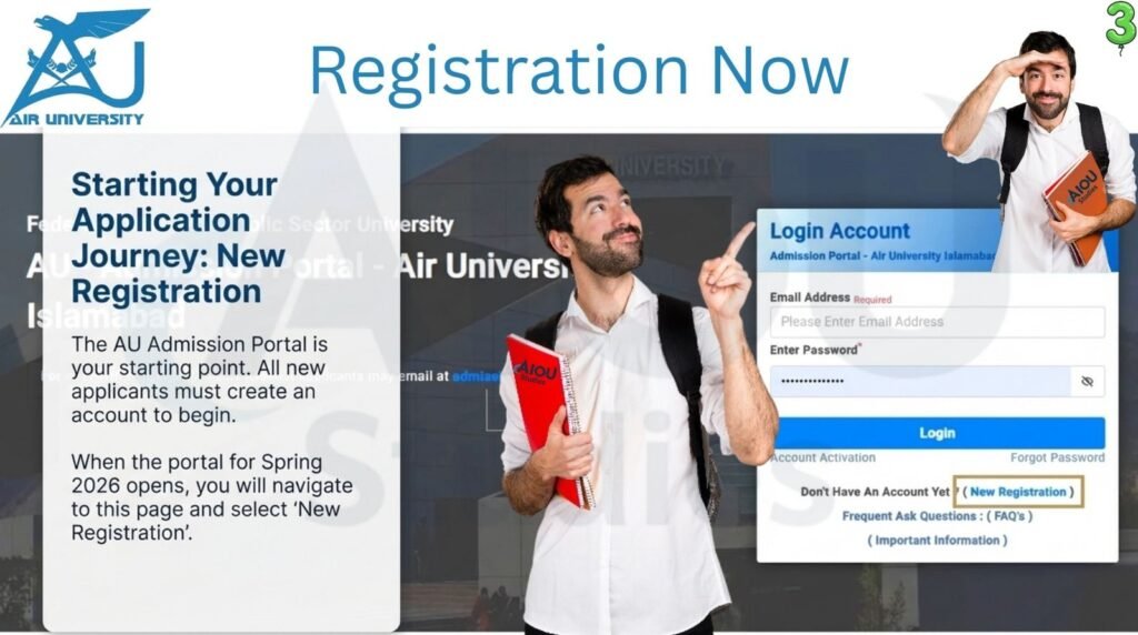 Air University registration page showing online application, test registration, and document submission steps